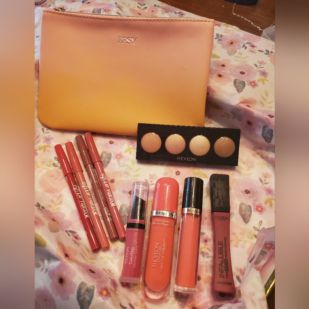 9 Piece Makeup Bundle w/ Ipsy Pink Yellow Ombre Makeup Bag